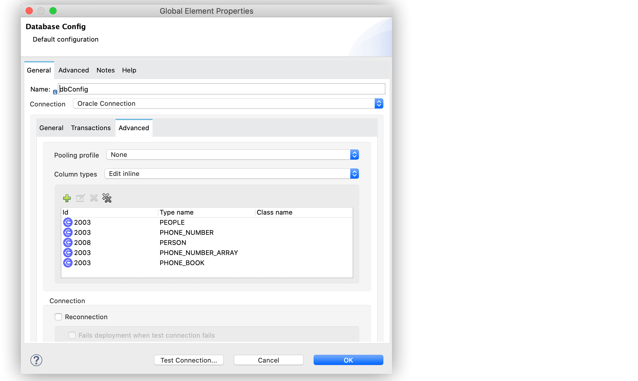 The database global element advanced configuration setting the Column types field