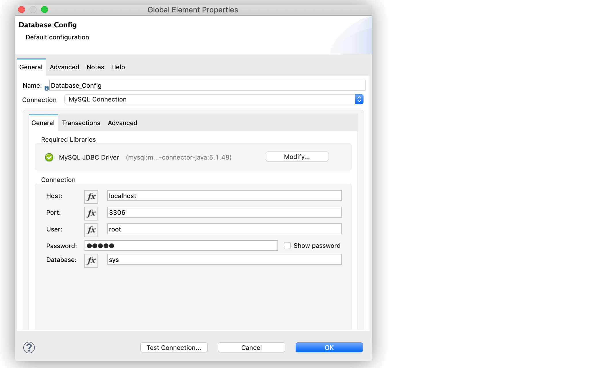 The database general configuration setting the Host, Port, User, and Password fields.