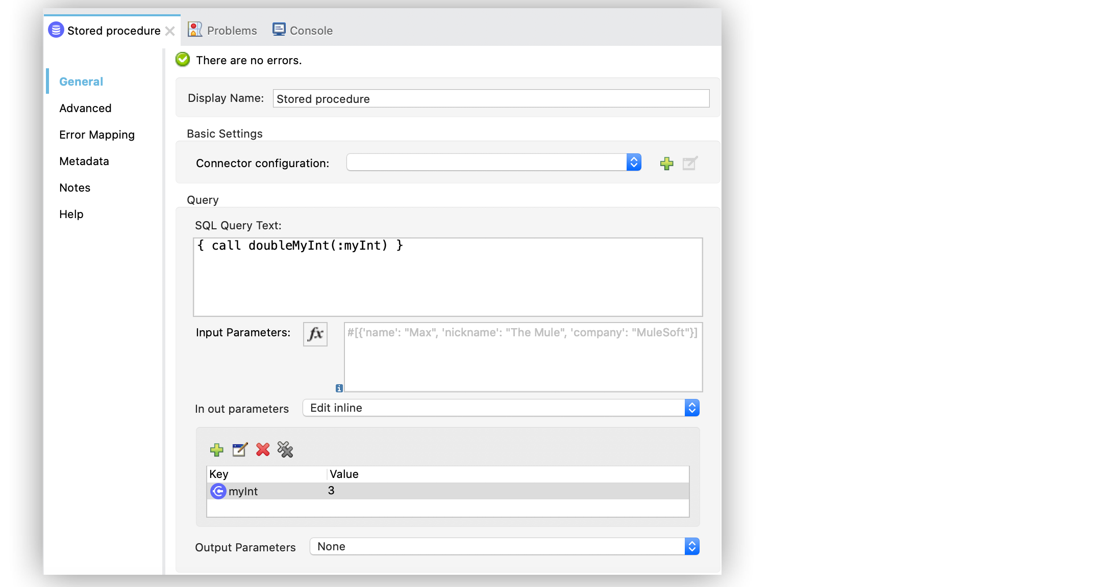 The Stored procedure operation with the In out parameters field configuration