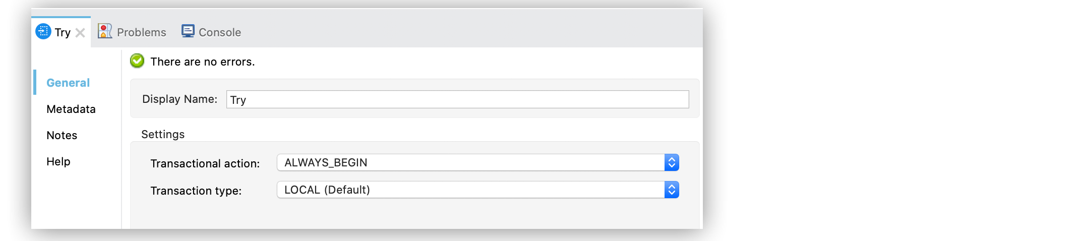 The Transactional action field configuration for the Try component in Studio