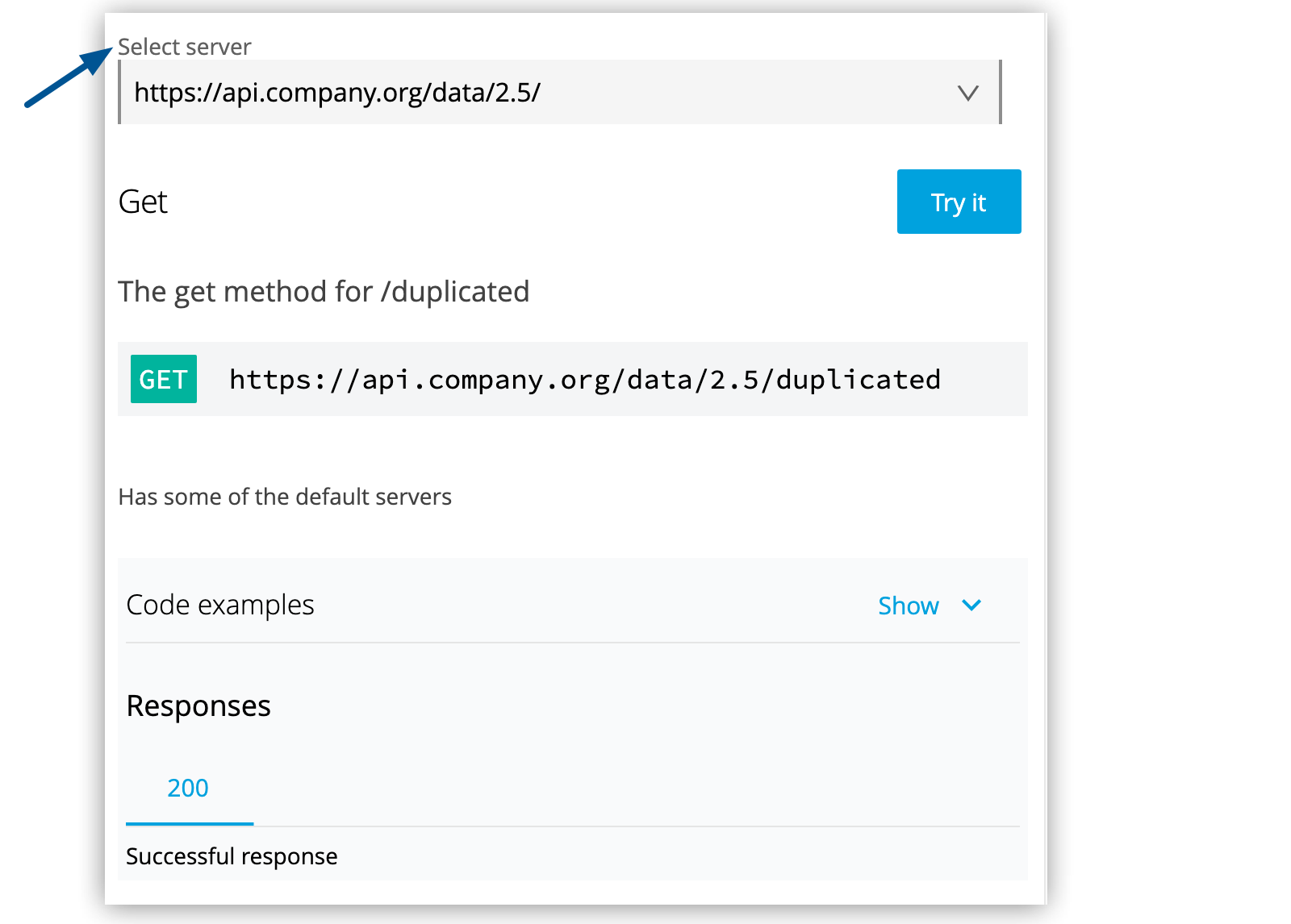 An API documentation page demonstrating the GET method for duplicate data.