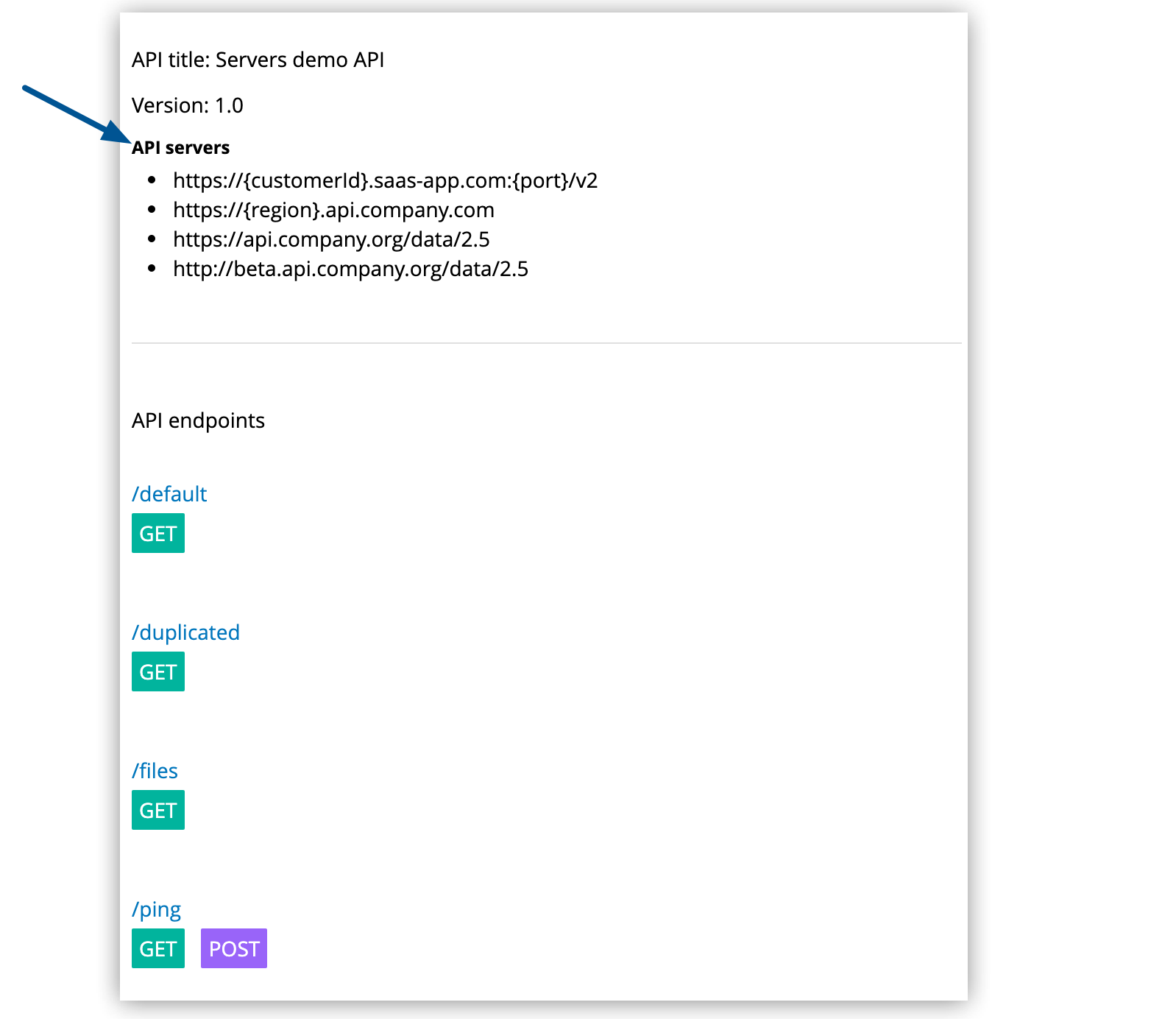 A list of API servers and endpoints with their available methods.