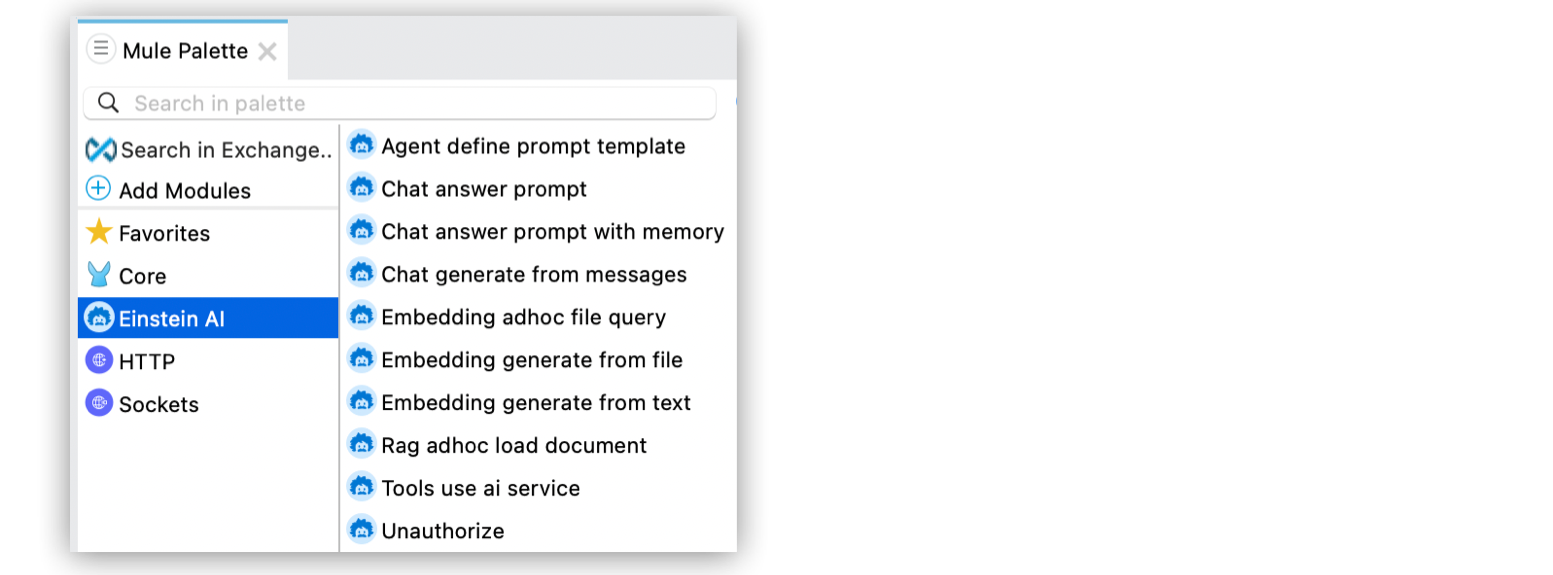 Einstein AI Connector highlighted in the Mule Palette with a list of the connector’s operations