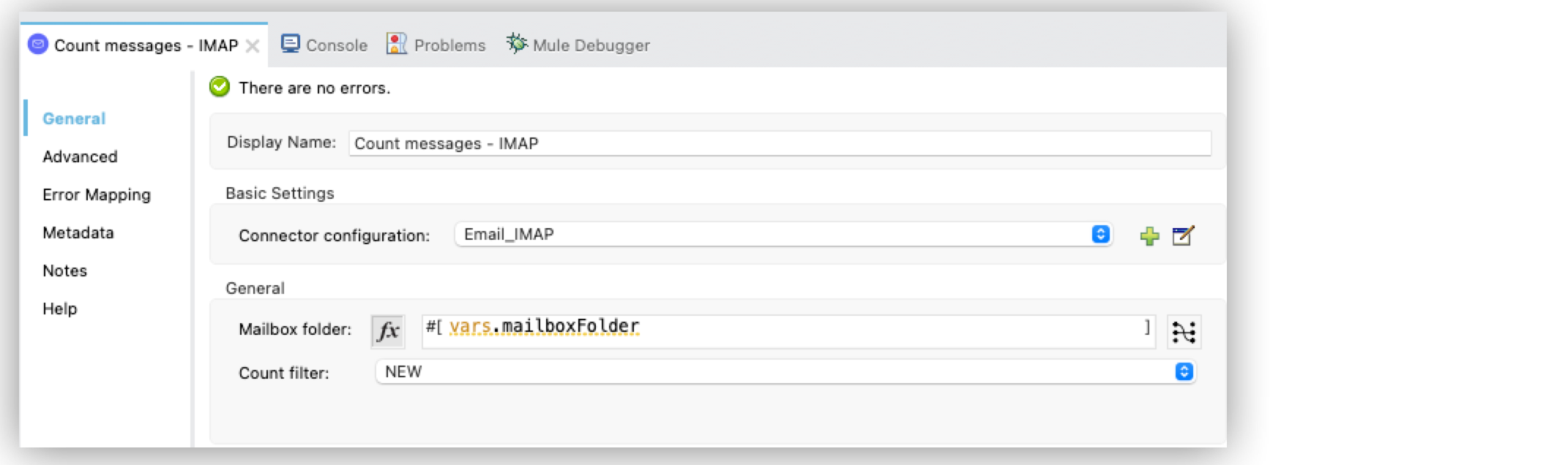 Count messages - IMAP operation configuration with Count filter field set to NEW