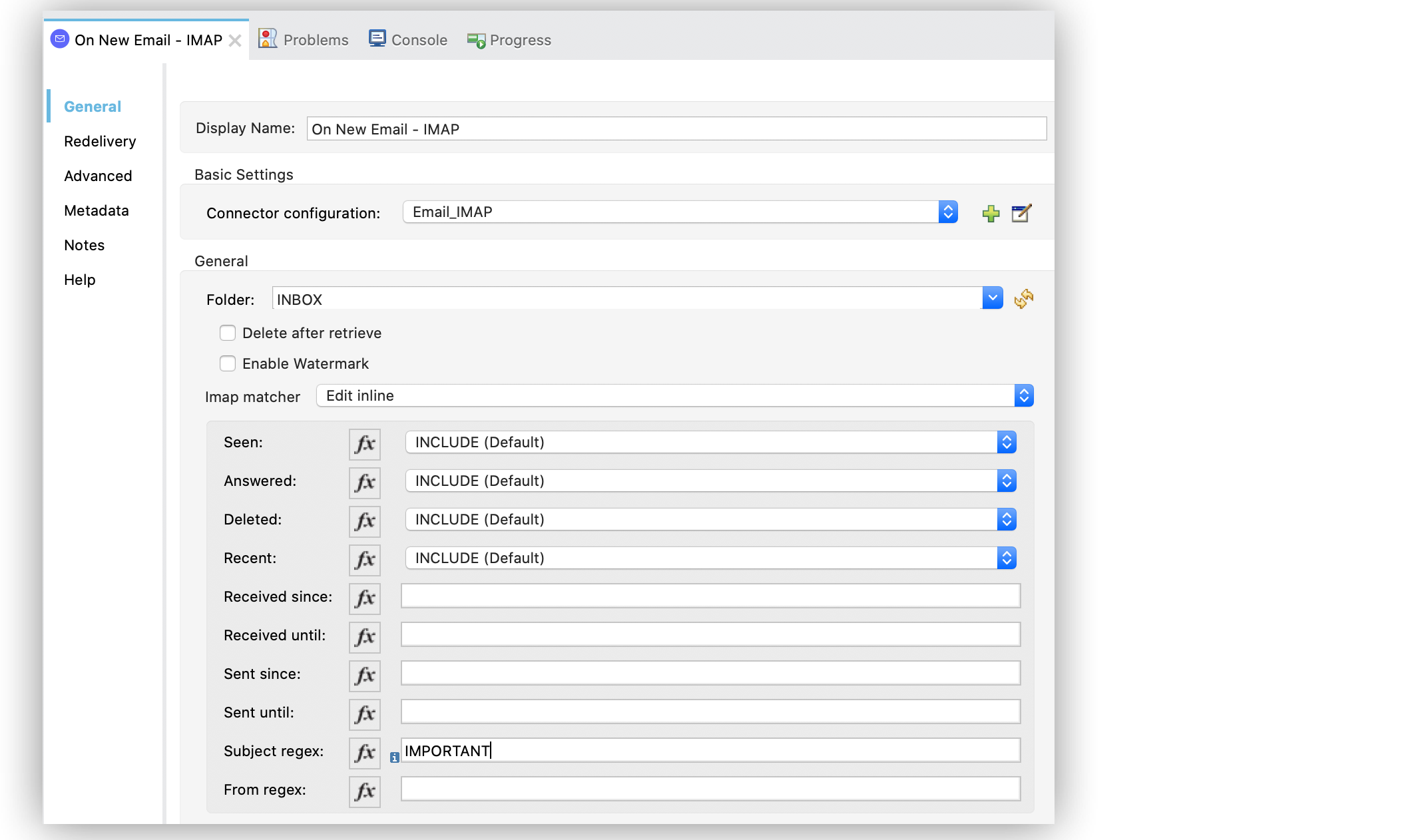 Imap matcher with On New Email - IMAP