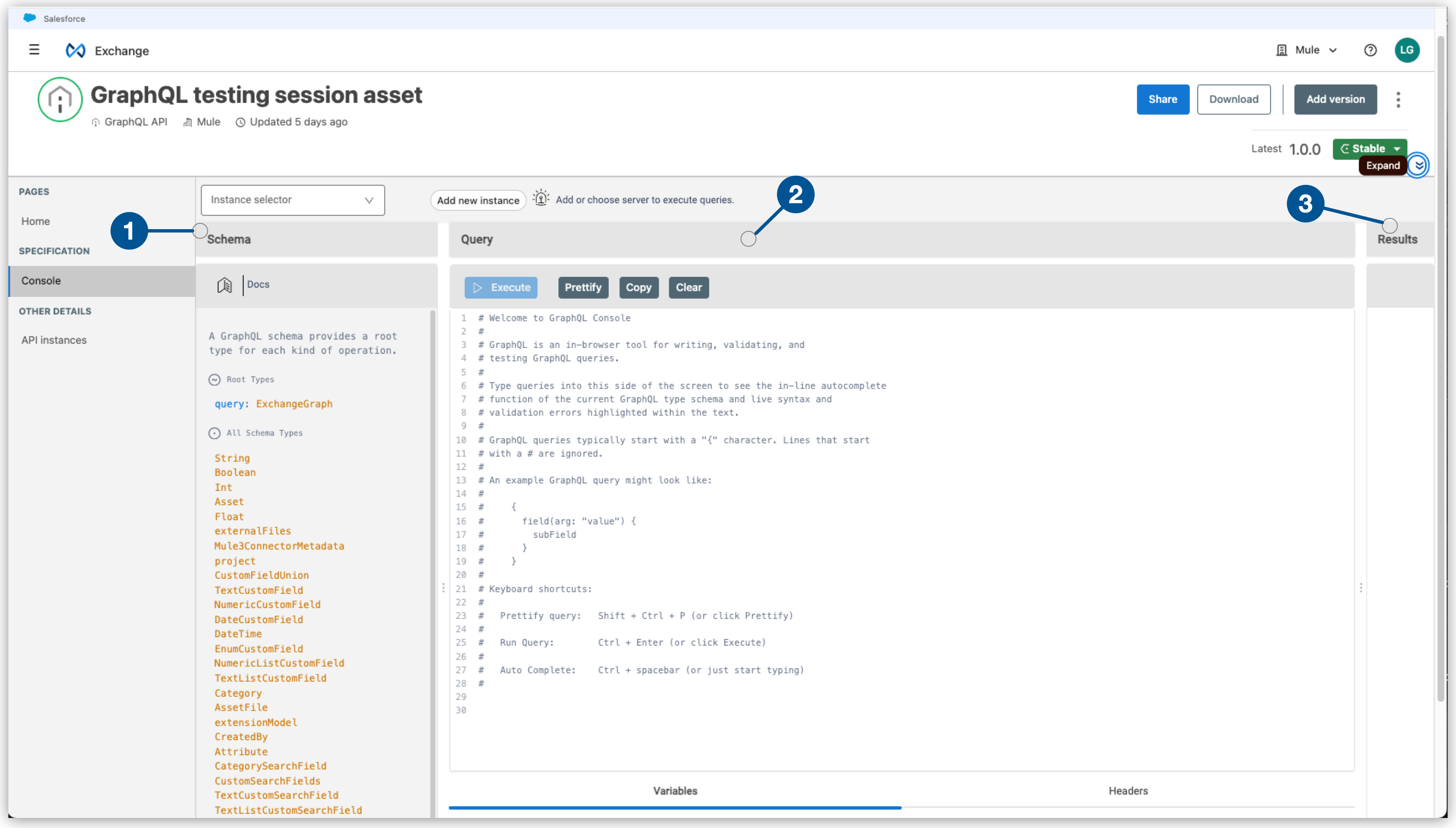 GraphQL console in the asset details page