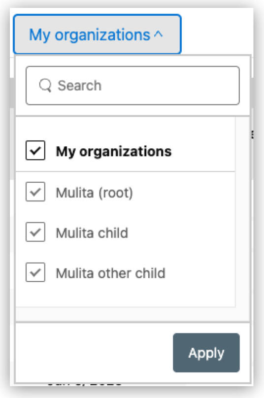 Filter options for My Organizations