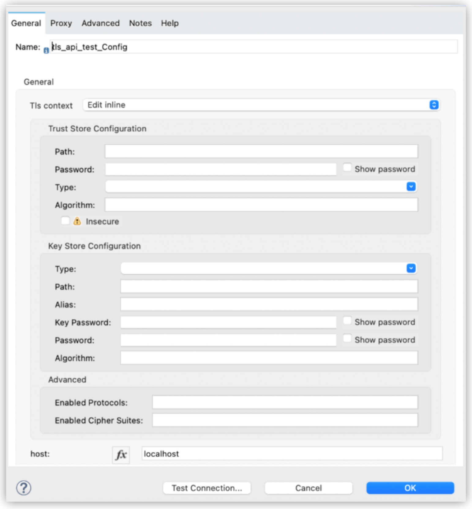 Form for TLS connection configuration information