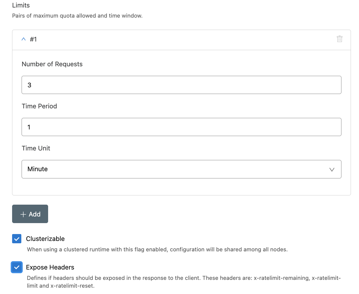 Rate limiting policy configuration page with selected rate limit values