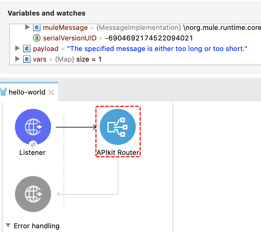 Breakpoint at APIkit Router showing error message in payload