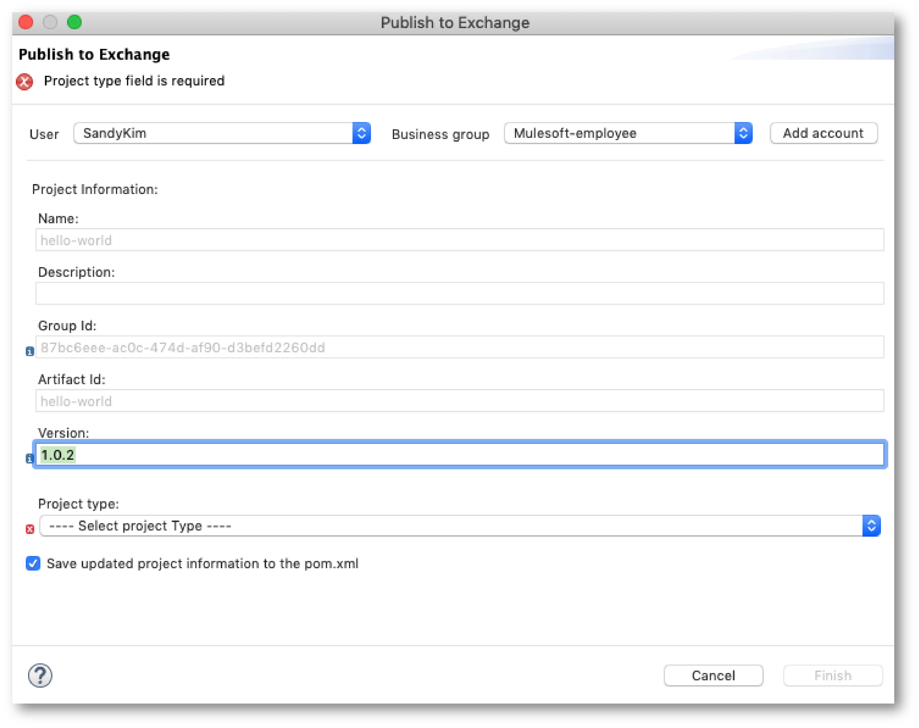 Dialog to publish API to Exchange