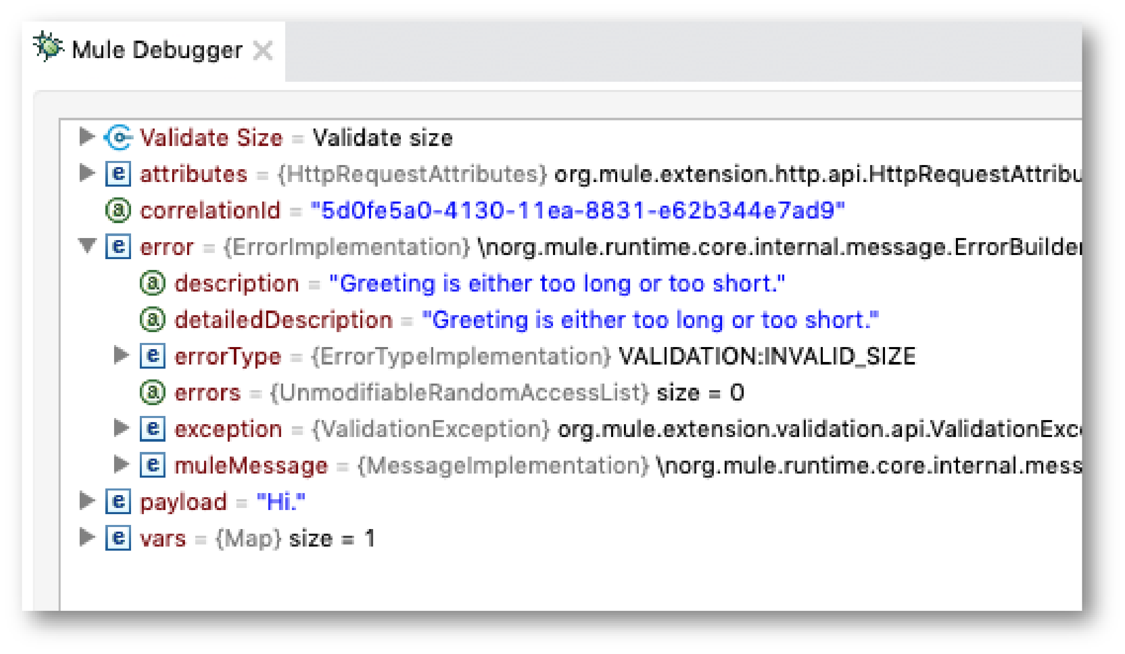 View of debugger displaying error for Validate size