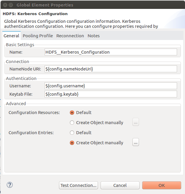 HDFS Kerberos configuration window