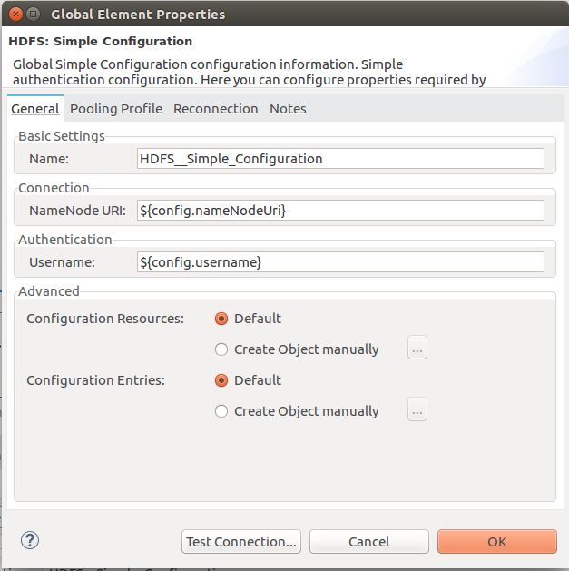 HDFS global elements properties config window