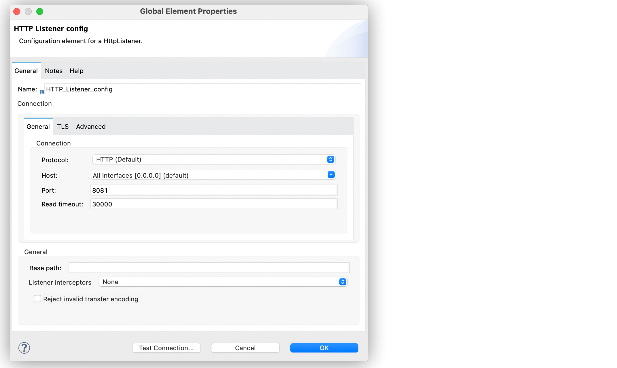 HTTP Listener global configuration window with Host field set to 0.0.0.0 and Port field to 8081