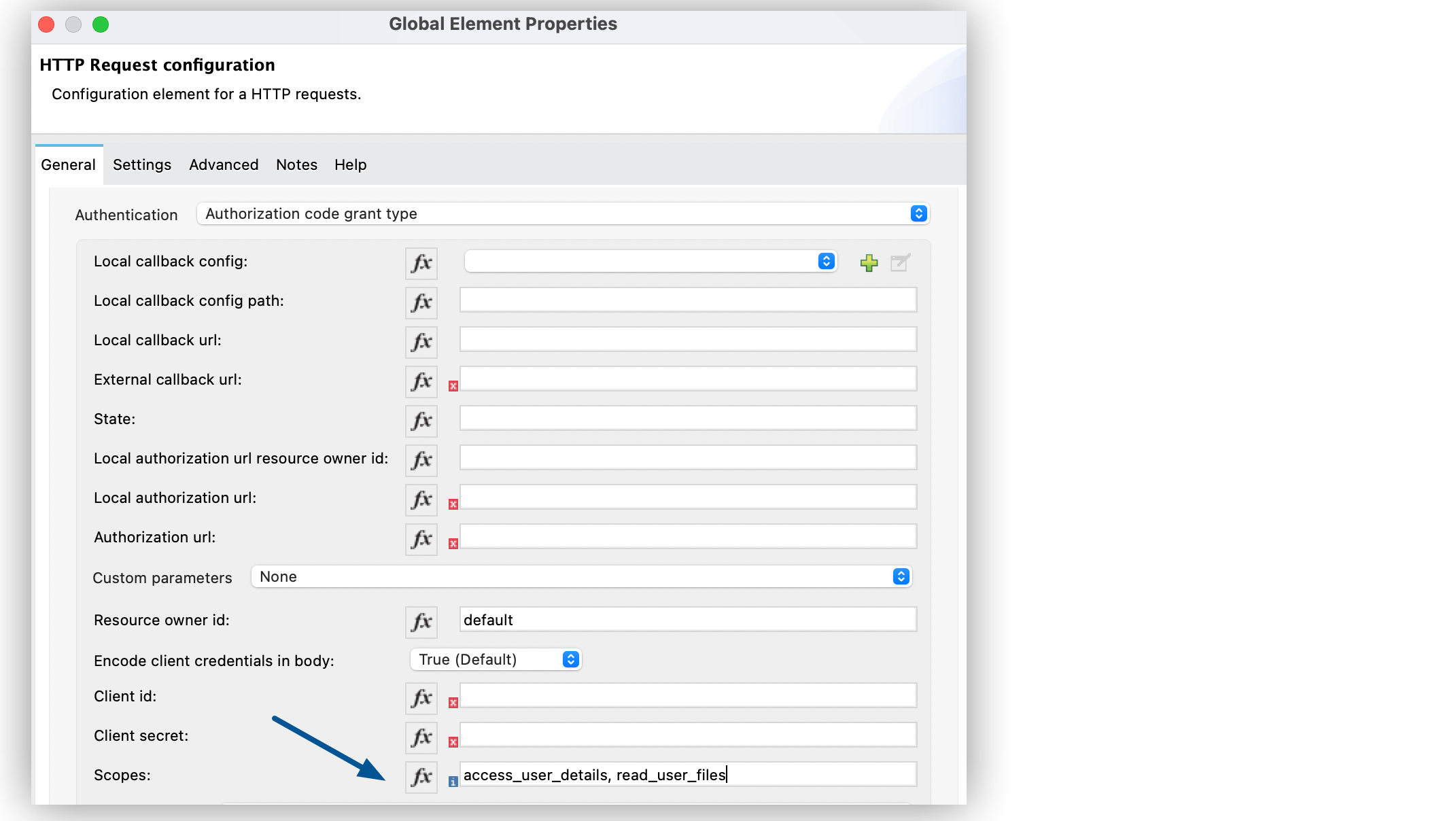 Configure Scopes field for OAuth Authentication