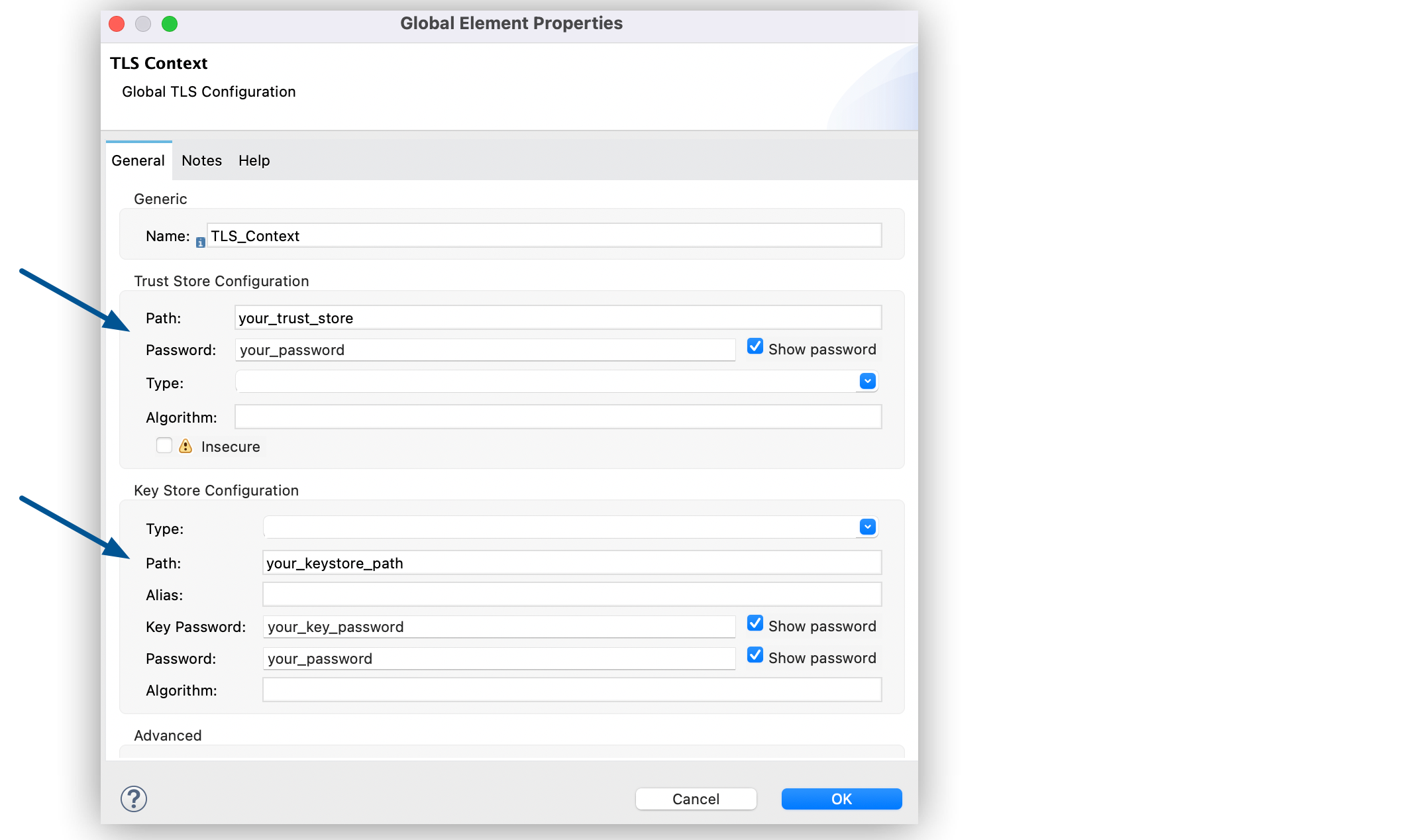 TLS Context global configuration settings window