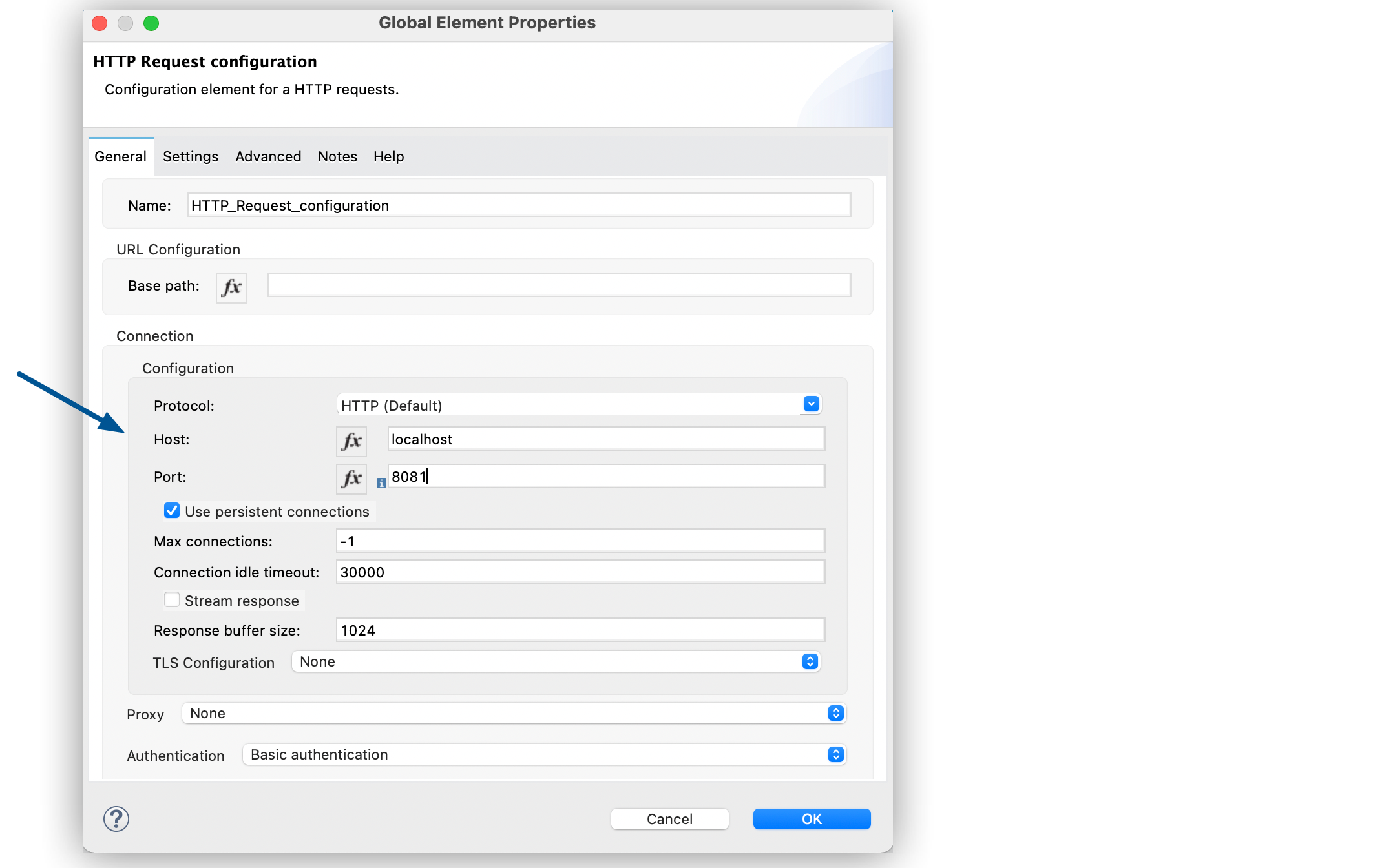 HTTP Request global configuration window with Host field set to localhost and Port field to 8081