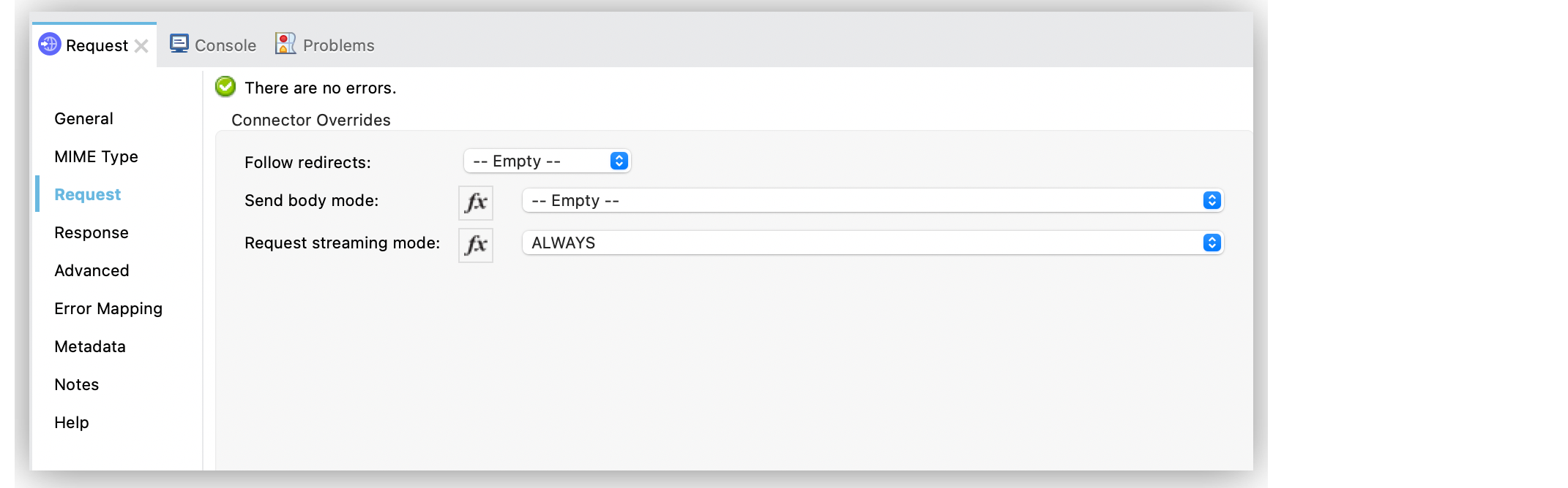 HTTP Request configuration window with Request streaming mode field set to ALWAYS