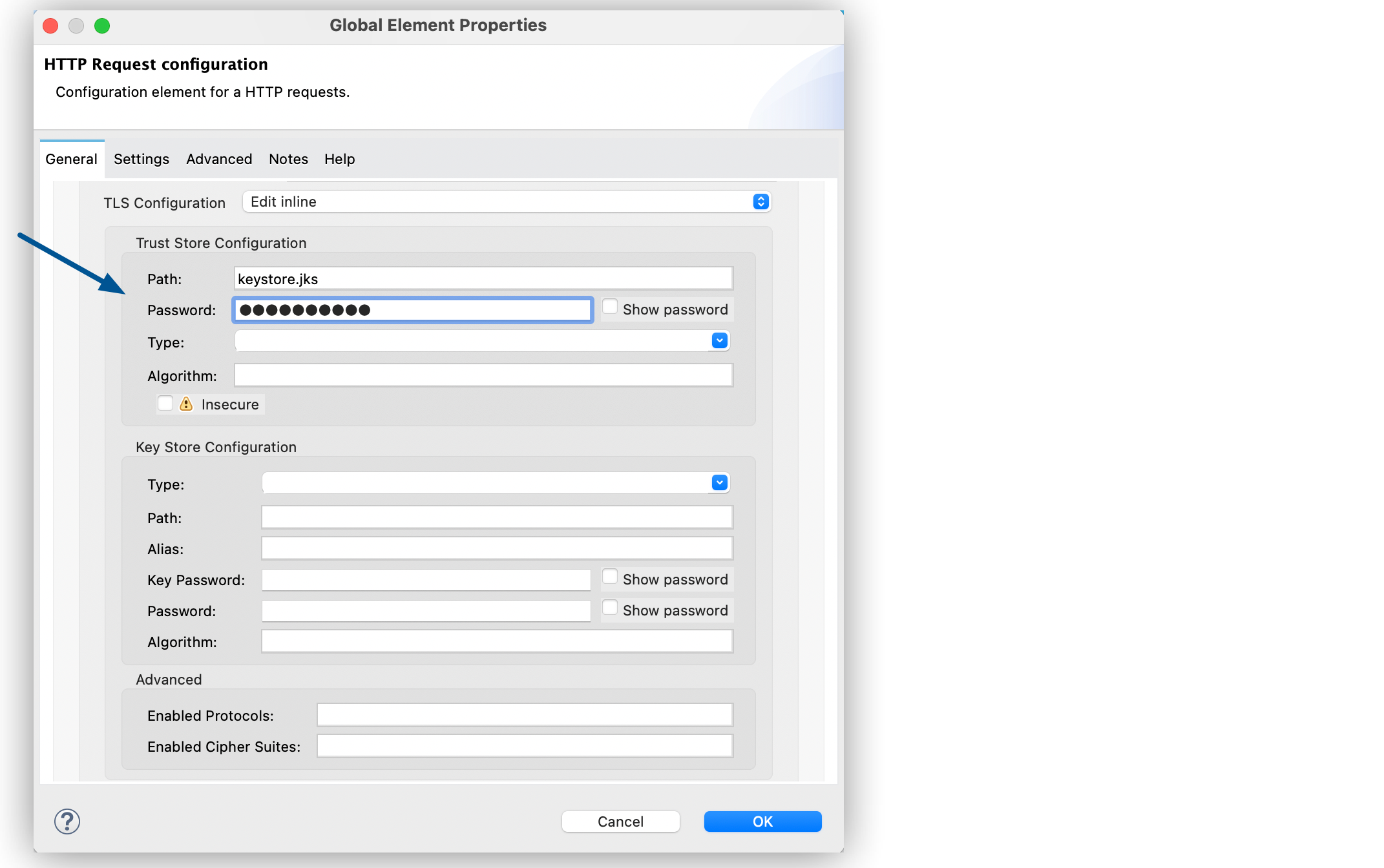 Trust Store Configuration window with Path field set to keystore.jks and Password field to Mypassword