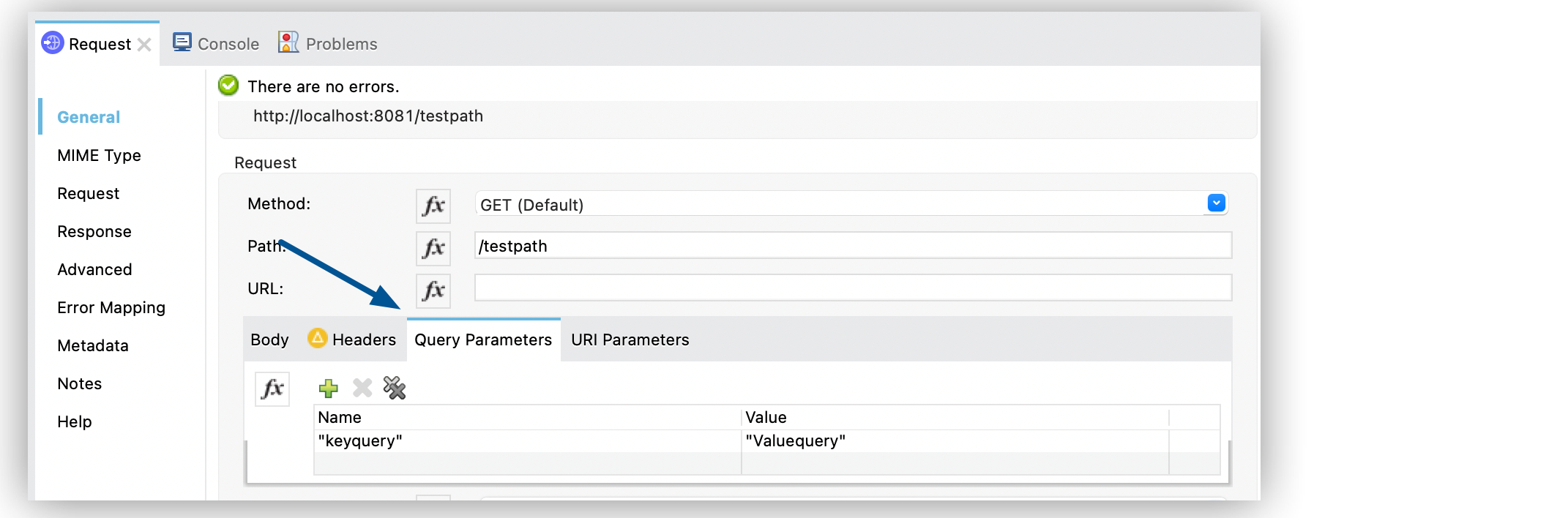 Query parameters configuration with Key field set to Keyqueryand Value field set to Valuequery