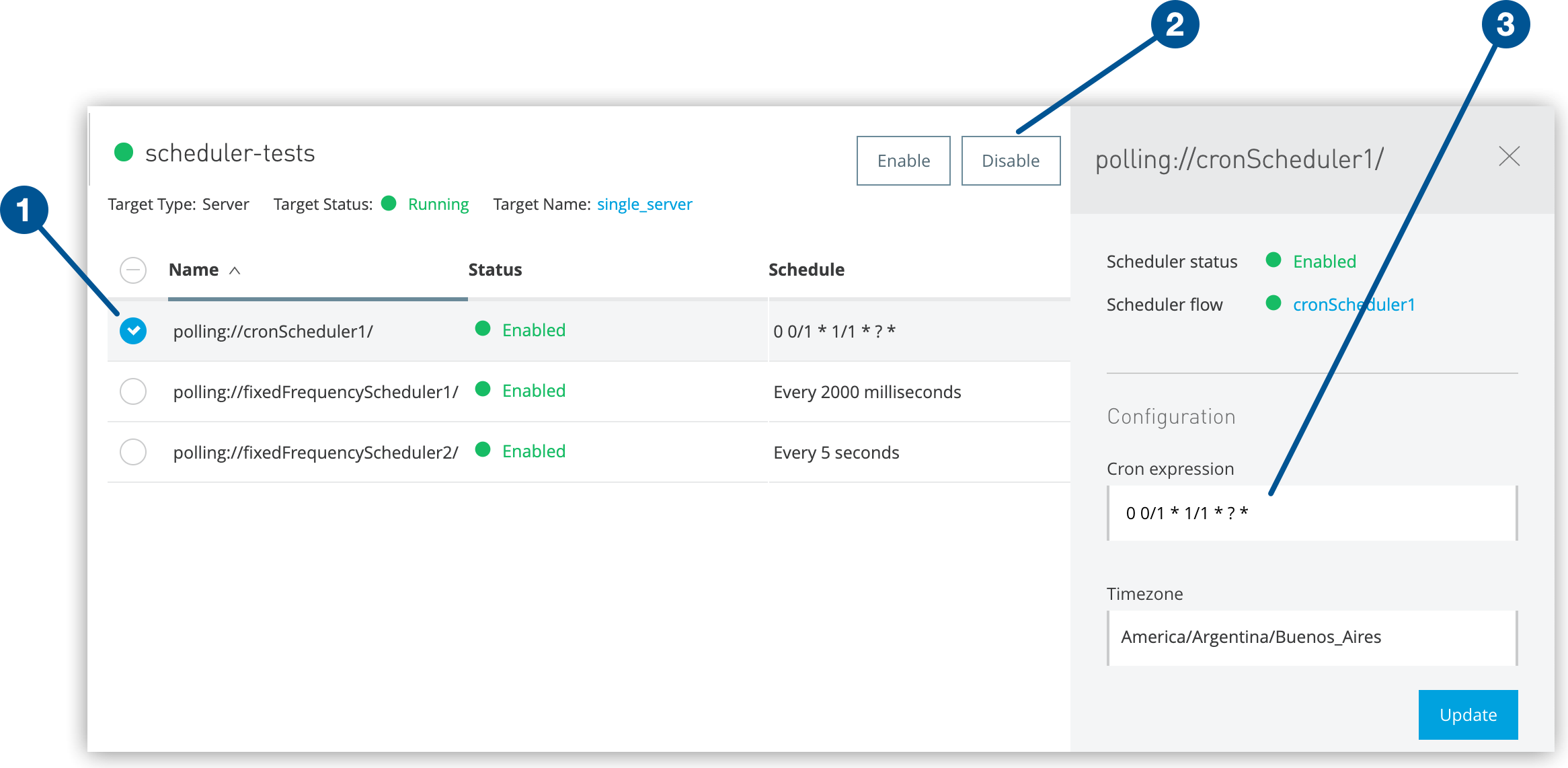 Checkbox, Disable button, and schedule in the details pane