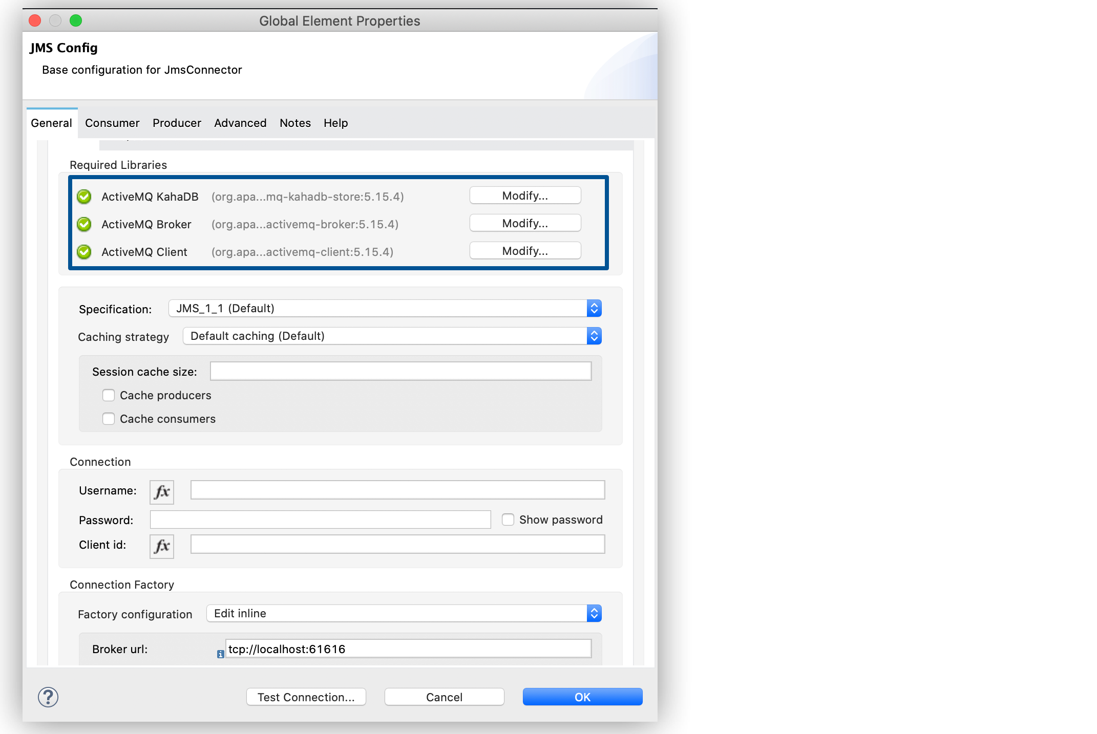 ActiveMQ Connection Configuration window in Studio with Broker URL field set to tcp://localhost:61616