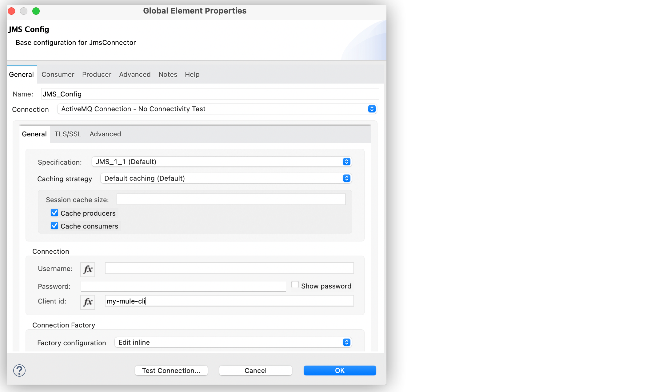 ActiveMQ Connection - No Connectivity Test Configuration window in Studio with Broker URL field set to tcp://localhost:61616