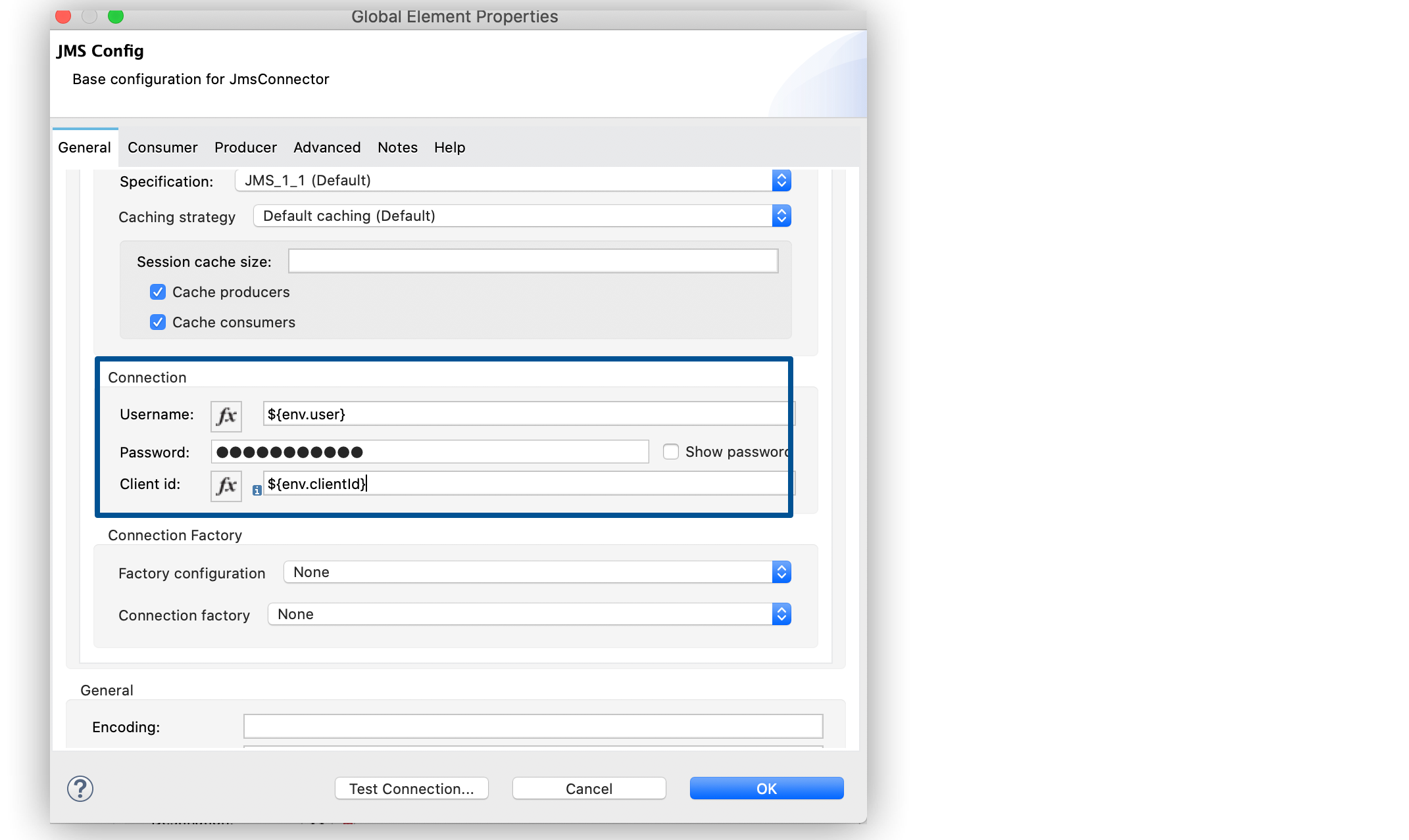 In the Connection section, set the Username, Password, and Client id fields.