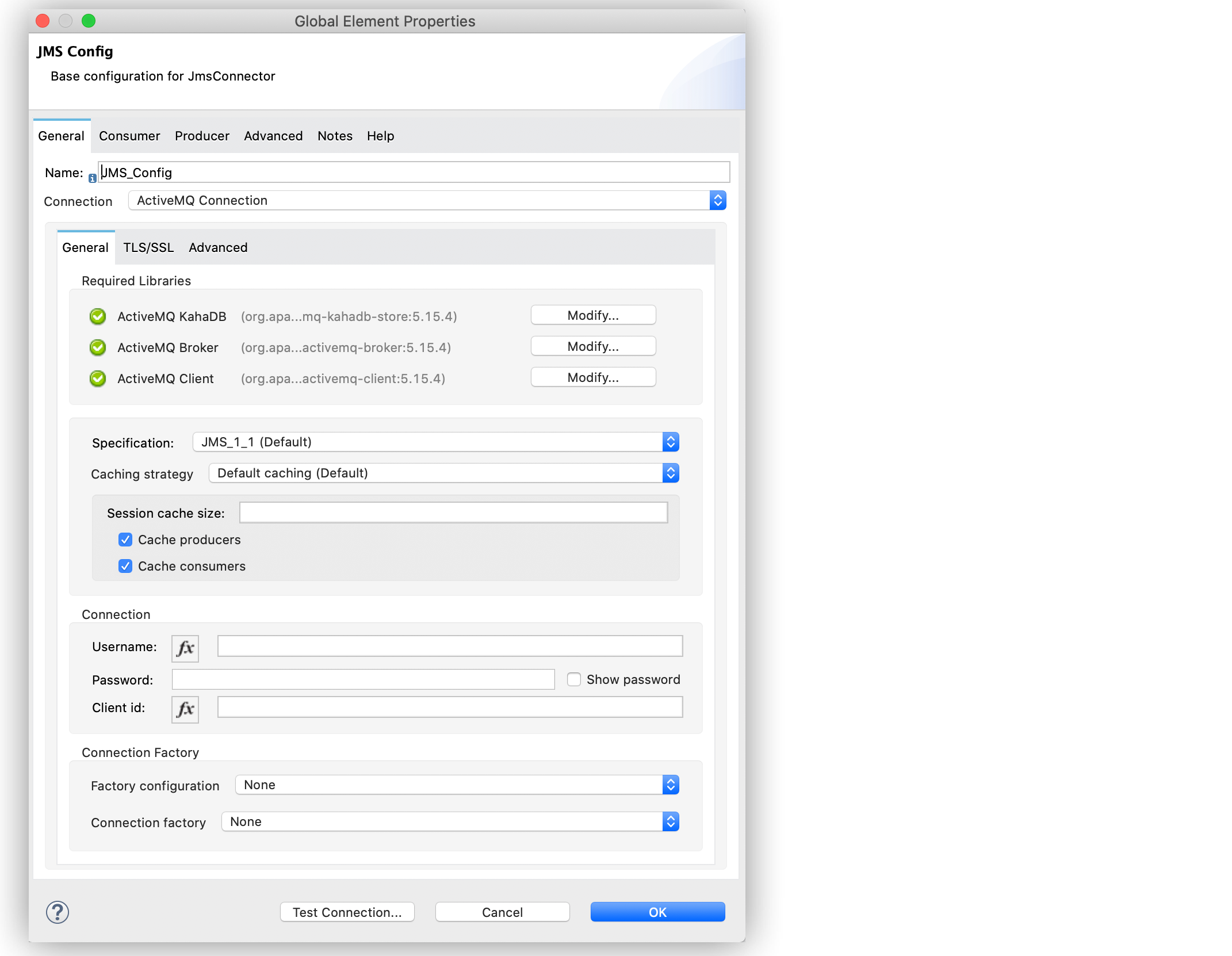 JMS Connector Global Element Configuration window