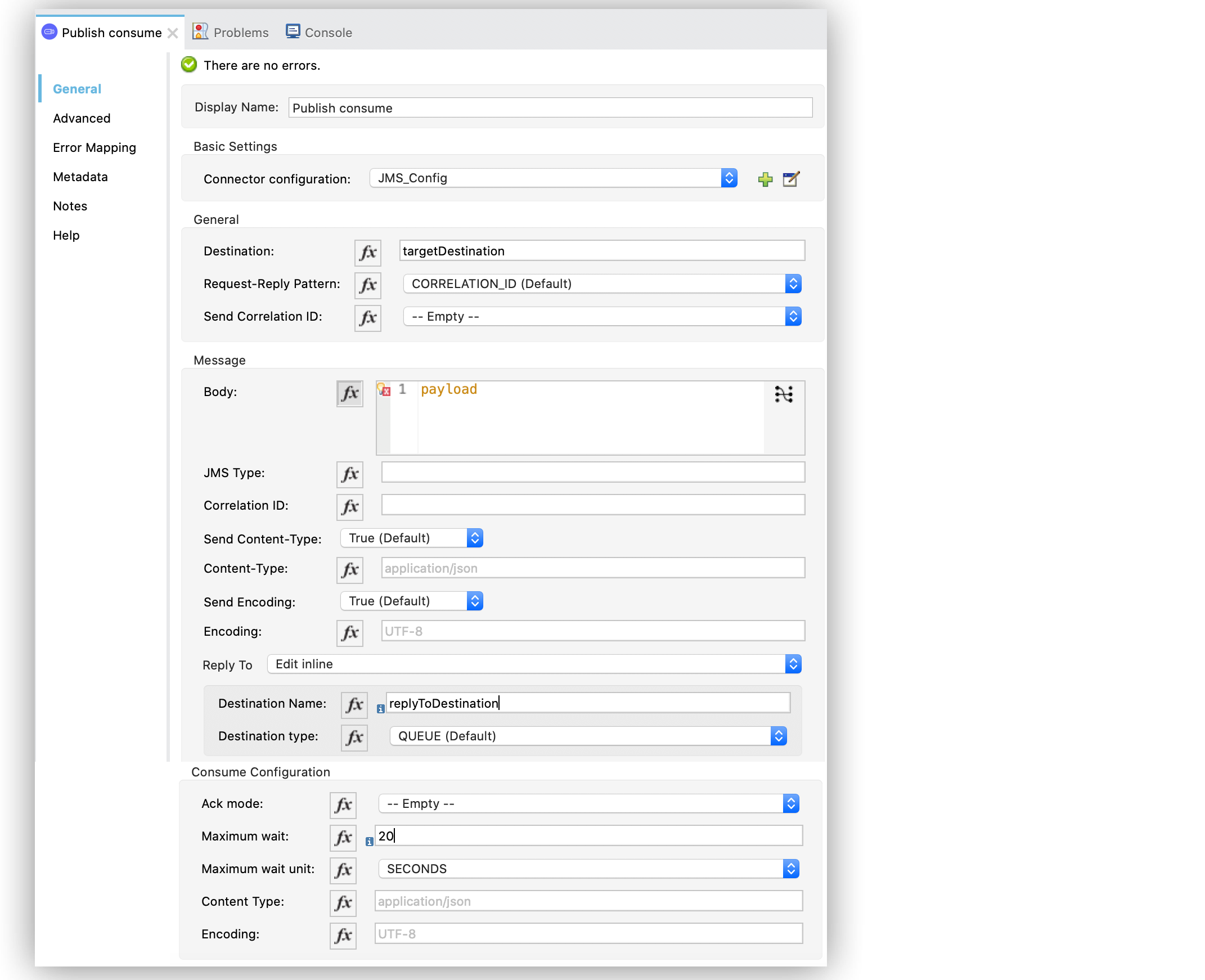 In the Publish consume configuration screen