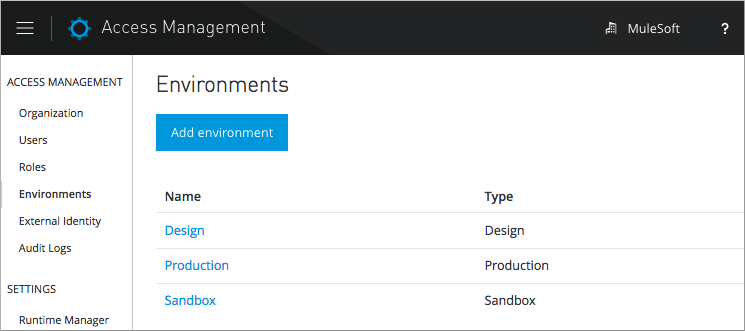 「Access Management (アクセス管理)」 の 「Environments (環境)」 インターフェース