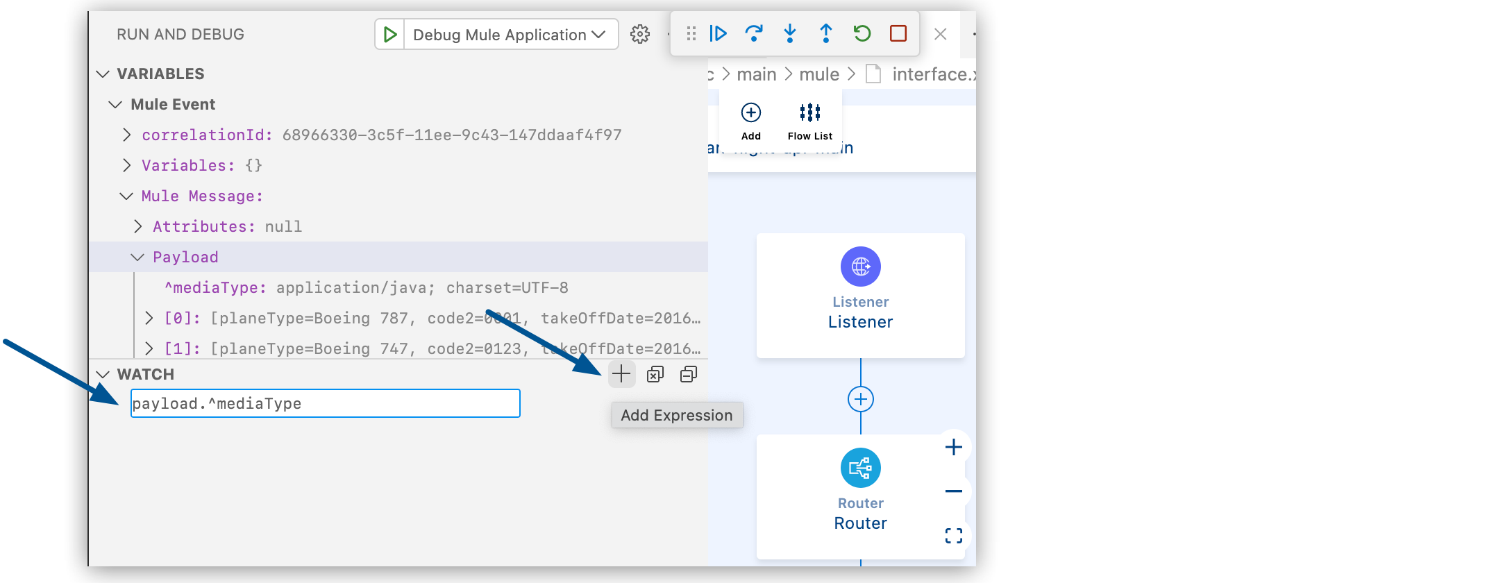 debug add expression