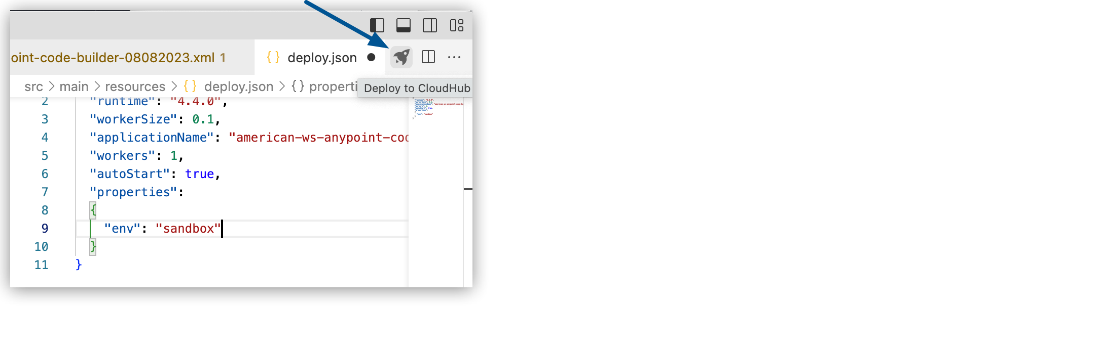 [Deploy to CloudHub (CloudHub にデプロイ)] ロケットアイコンと開かれている deploy.json