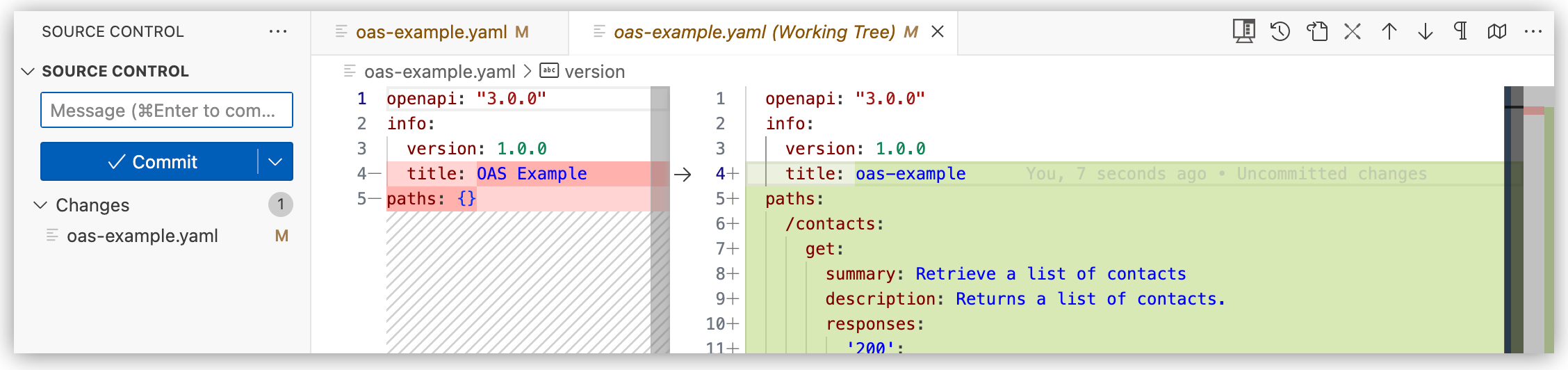 ソース制御の変更を示すように強調表示された oas-example.yaml ファイル