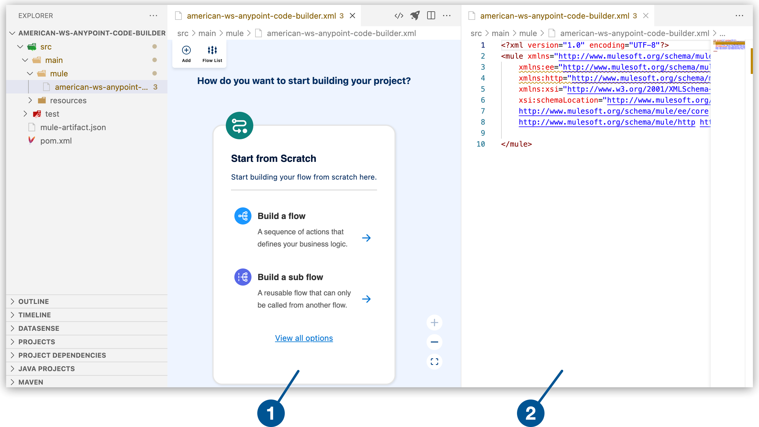 Mule フローと Mule 設定ファイルの視覚表現領域に表示されている american-ws-anypoint-code-builder.xml ファイル