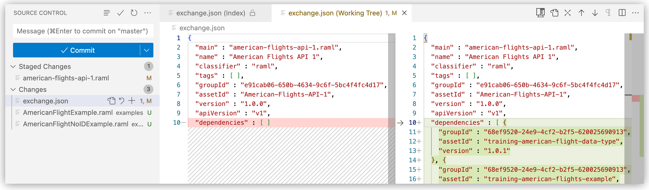 ソース制御の変更を示すように強調表示された exchange.json ファイル