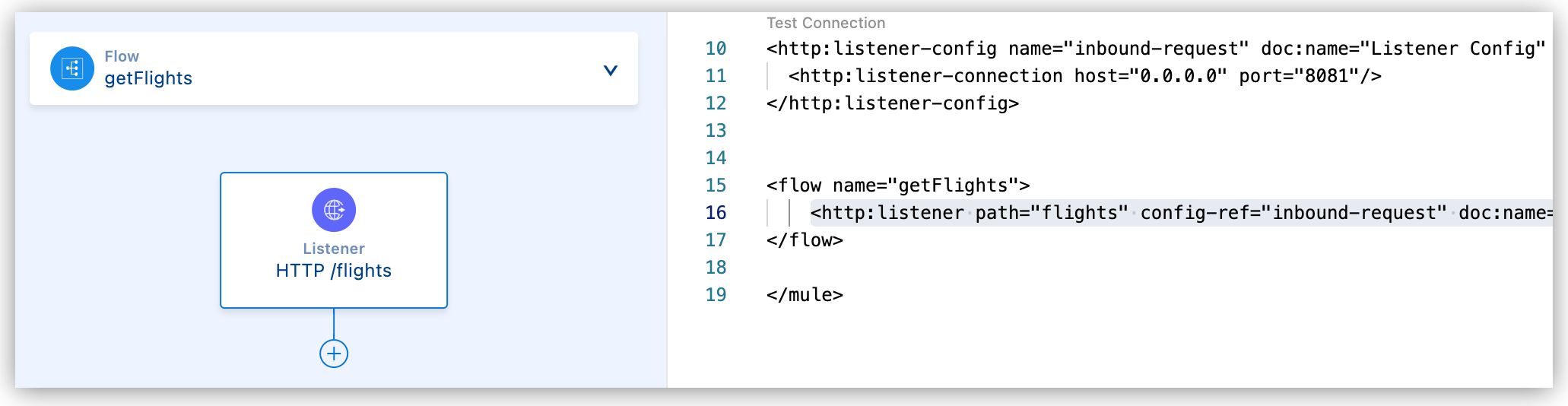 フローと XML コード内で強調表示されている HTTP リスナー