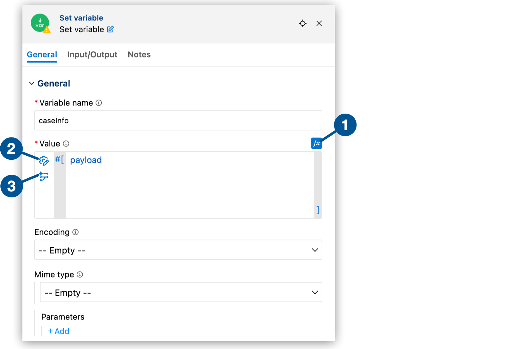 1) 式項目の fx ボタン、2) 式ビルダーボタン、3) 変換ビルダーボタンの 3 つの番号付きコールアウトが表示されている設定パネル