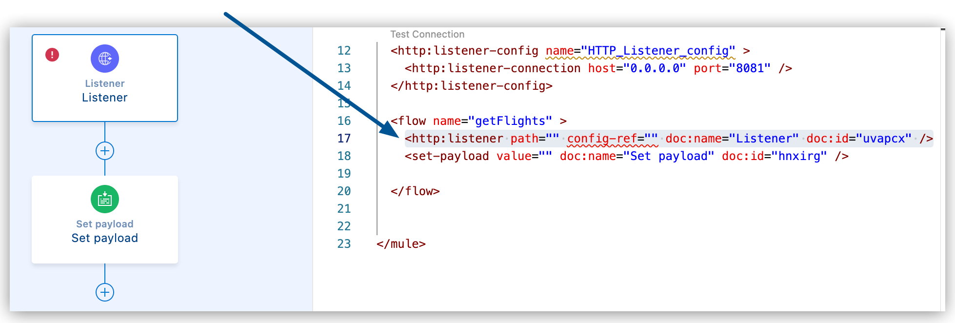 フローと XML コード内で強調表示されている HTTP リスナー