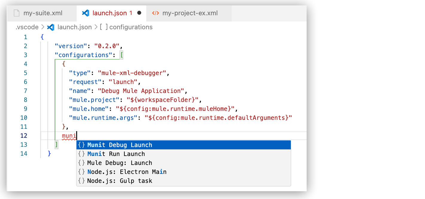 オートコンプリートメニューからの MUnit の起動設定の追加