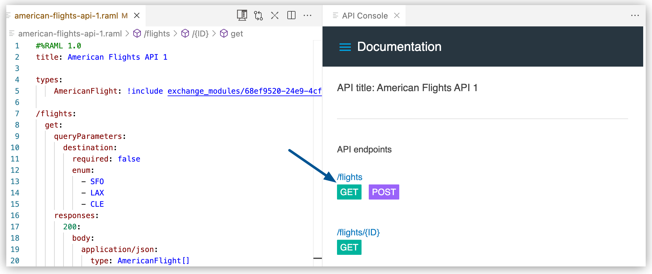 API Console 内で強調表示されている flights/ リソースの get メソッド