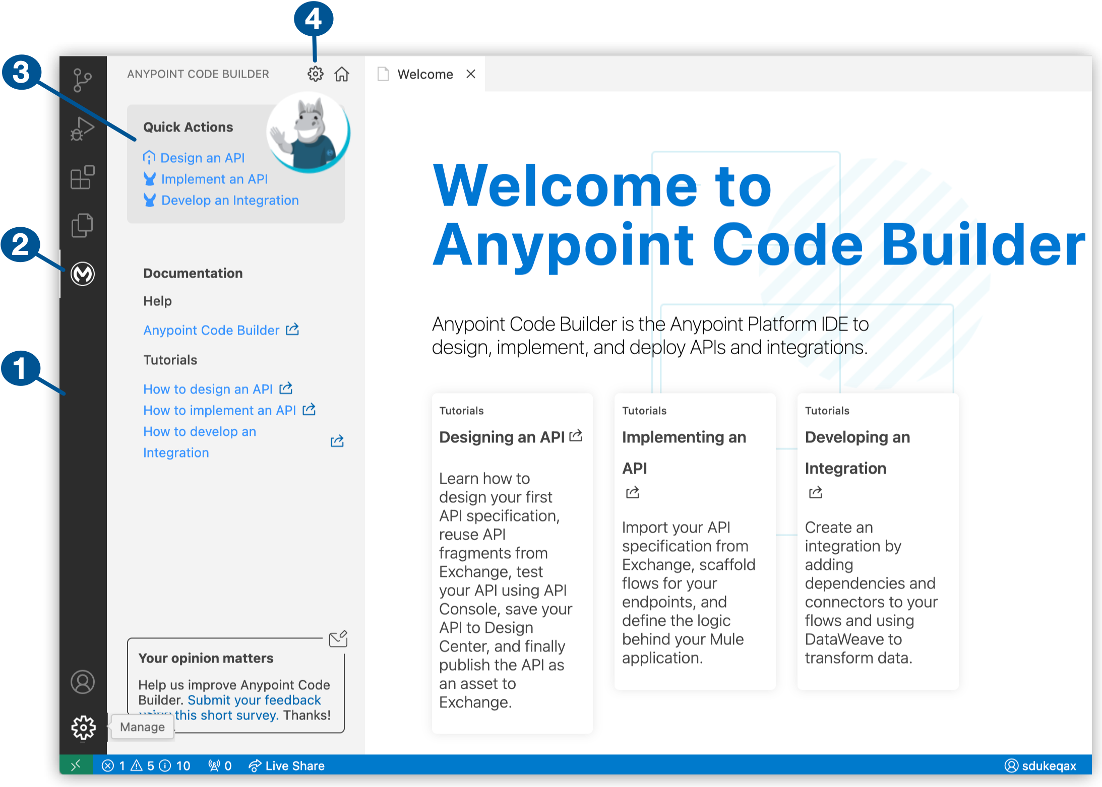 Anypoint Code Builder IDE の歓迎メッセージ