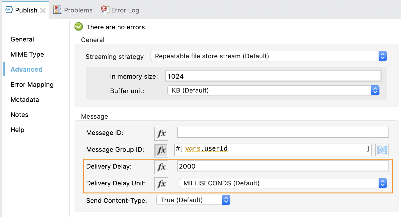 Anypoint MQ Publish の 「Advanced (詳細)」 タブ - 「Delivery Delay (配信遅延)」