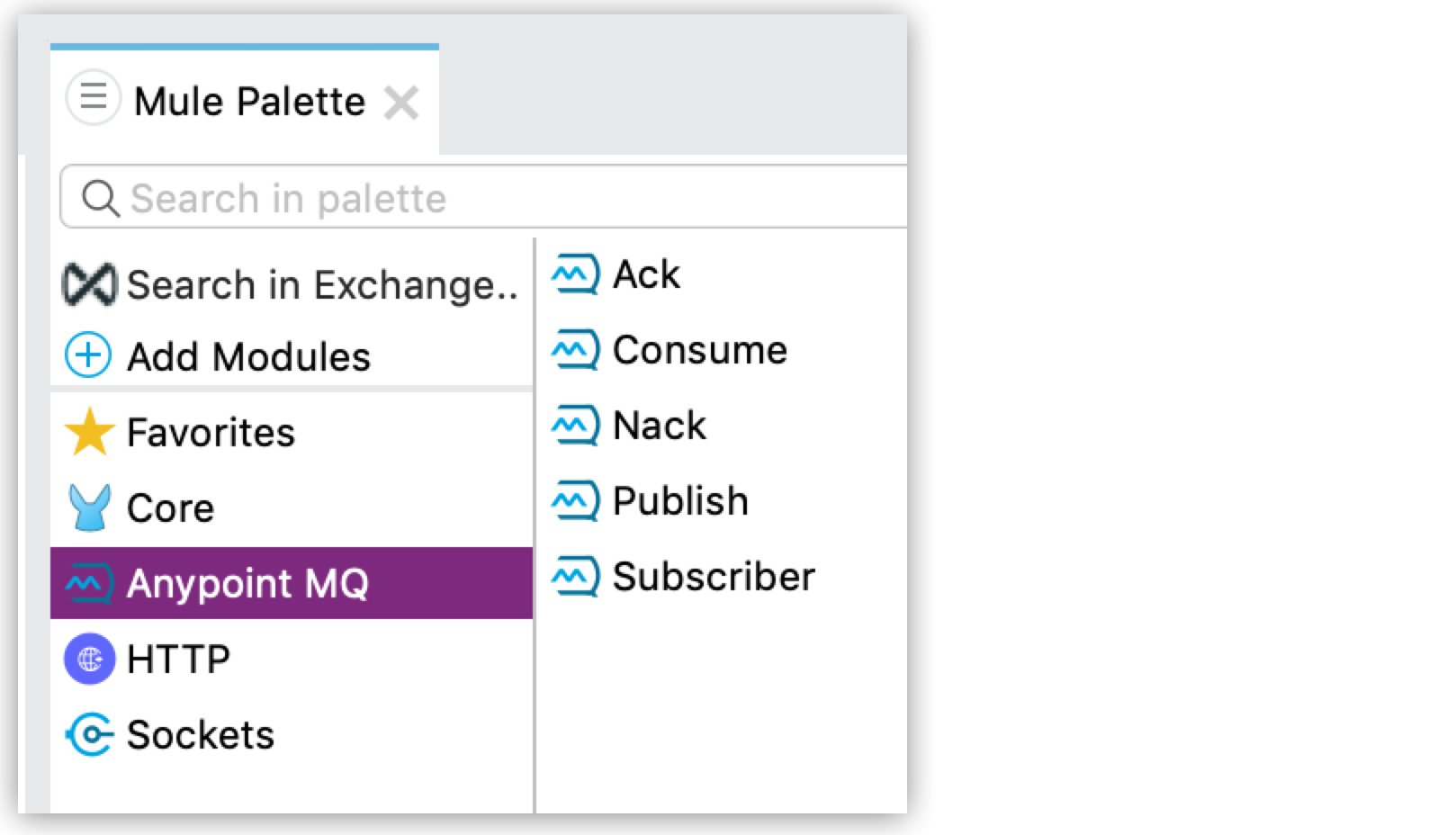 Anypoint MQ Connector が選択され、使用可能な操作が表示されている [Mule Palette (Mule パレット)]