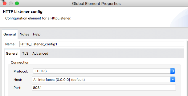 HTTP リスナーのプロトコルが HTTPS に設定された 「Global Element Properties (グローバル要素のプロパティ)」 ウィンドウ。