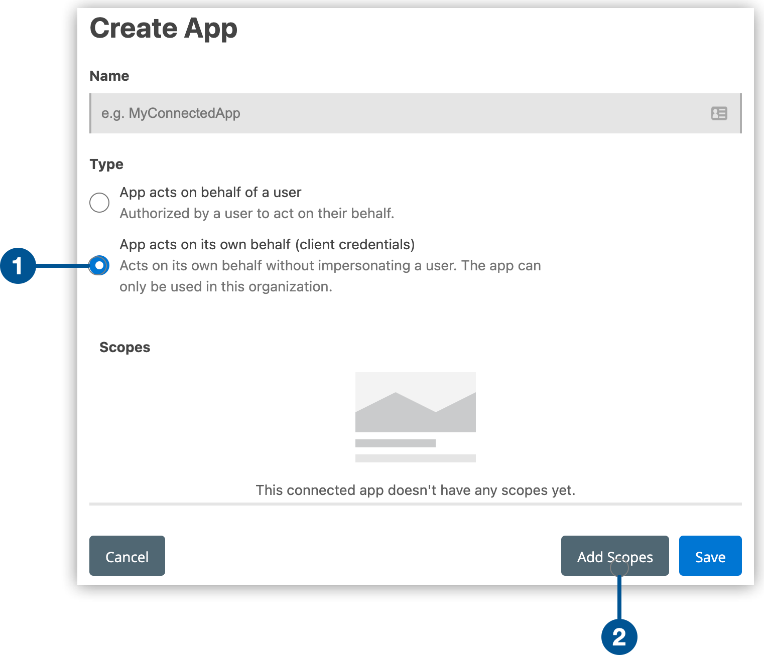 「App acts on its own behalf (client credentials) (アプリケーションが自身のために行動する (クライアントログイン情報))」 と 「Application Creator (アプリケーション作成者)」 の場所を示しているスクリーンショット