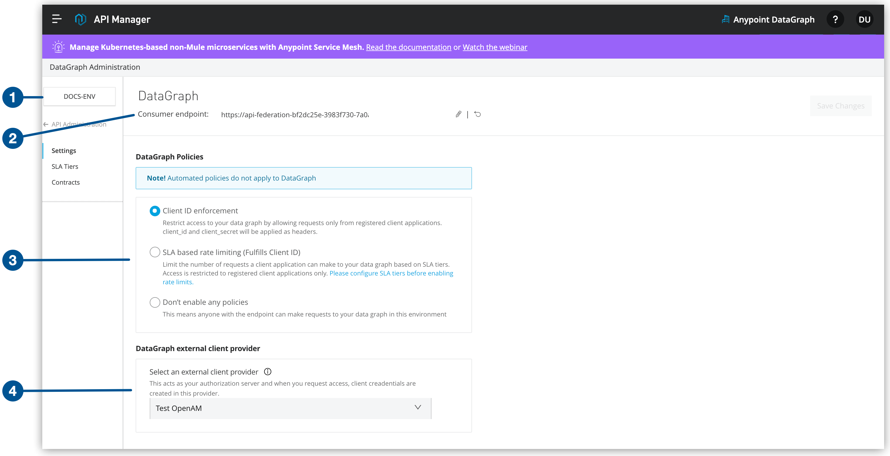 Anypoint DataGraph の [Administration (管理)] ページが表示されている図