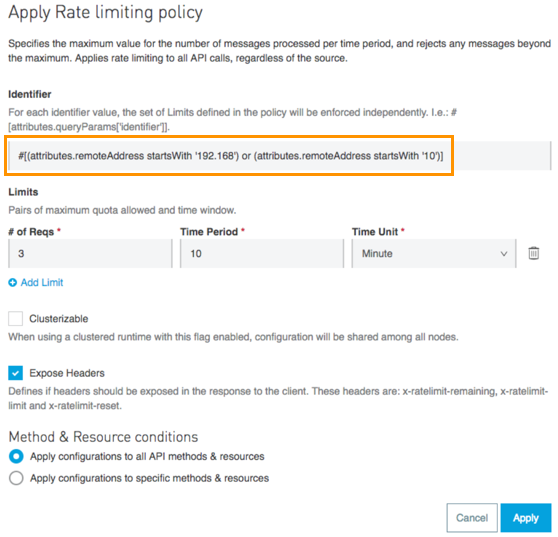 識別子属性が強調表示された [Apply Rate limiting policy (レート制限ポリシーを適用)] ページ。