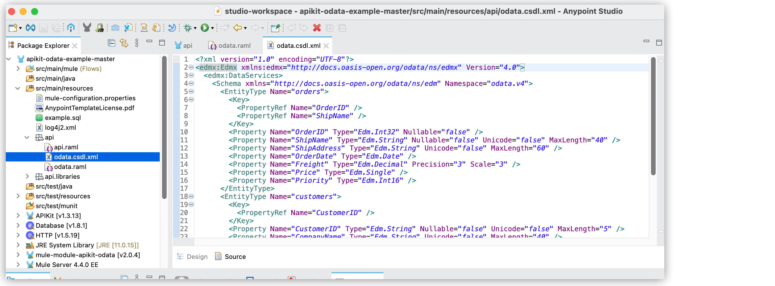 *Package Explorer* で *api* フォルダー内の新しい *odata.csdl.xml* ファイルが強調表示され、変換後の *odata.csdl.xml* ファイルの XML コードが強調表示されます